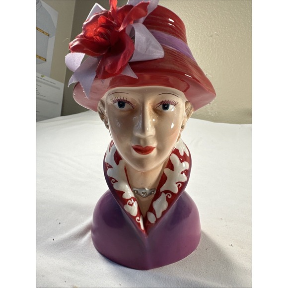 Lefton Other - Lefton Red Hat Lady Head Vase 2003 Hand Painted Porcelain Rhinestone Necklace
